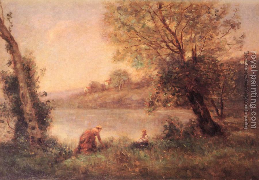 Jean-Baptiste-Camille Corot : Ville-D'avray, Paysanne Et Son Enfant Entre Deux Arbres Au Bord De L'etang